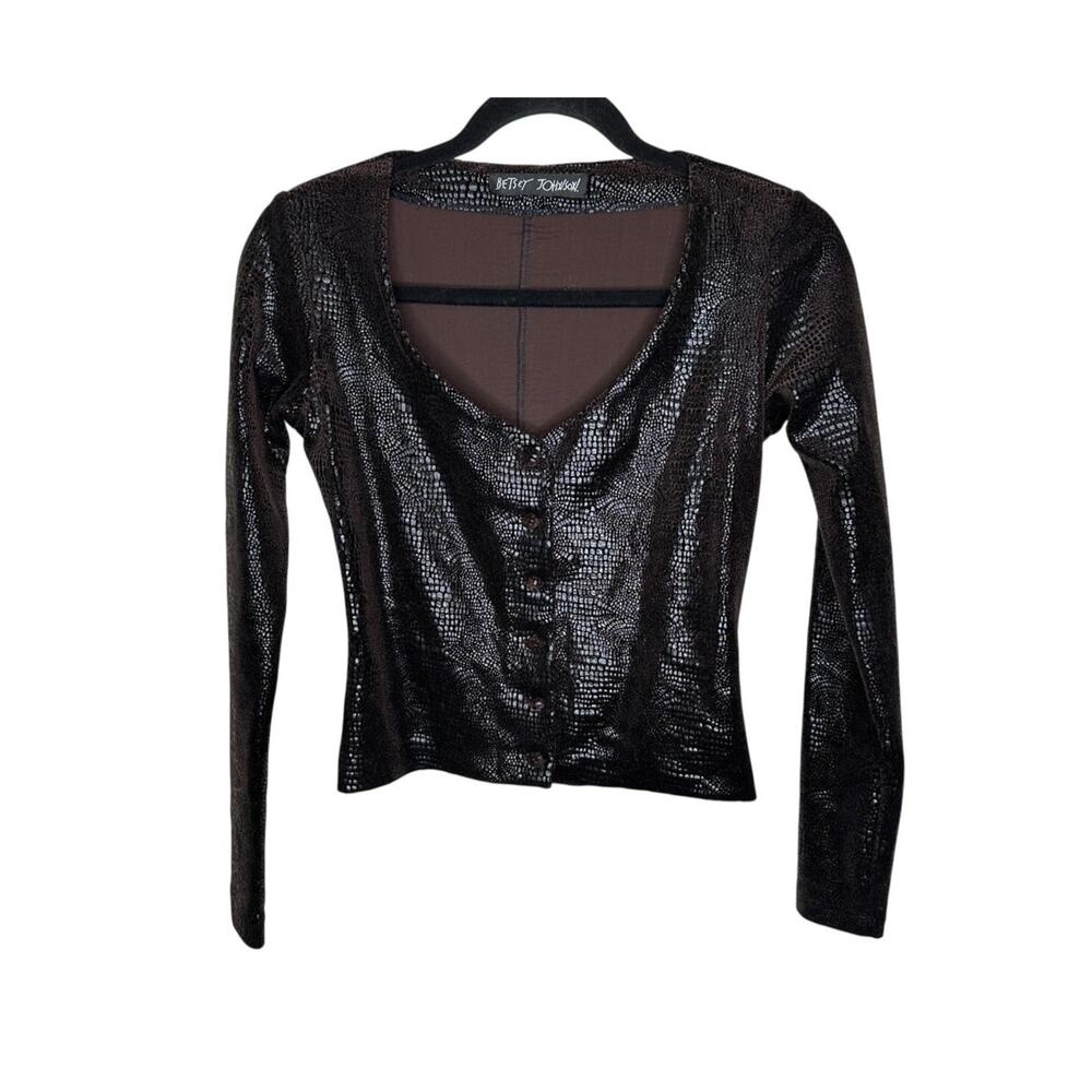 VTG Betsey Johnson Cardigan Womens XS Brown Velvet Snakeskin 90s Whimsigoth Top